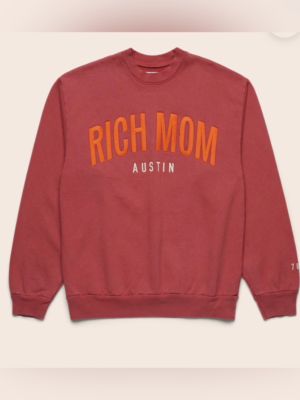 Rich Mom Gear Austin Crewneck in a brick red color